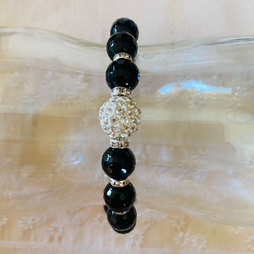 Black Onyx Bracelet with Rhinestone Spacers and Silver Elements, New