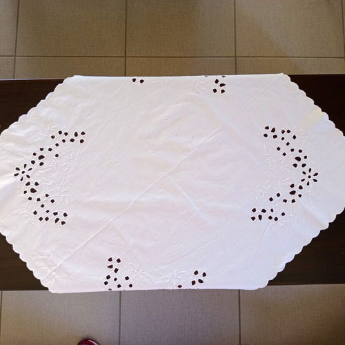 Vintage handmade cutwork tablecloth used, white embroidery 69x78 cm