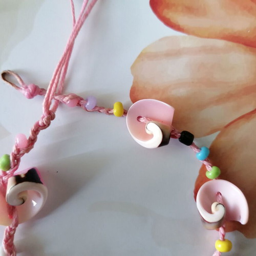 Handmade anklet new with natural shells, pink waxed thread and colorful beads