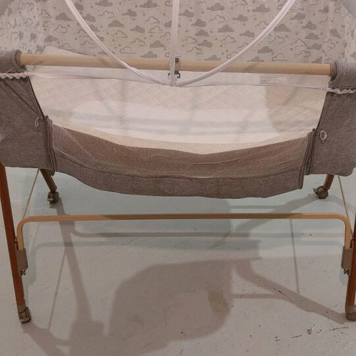 Chipolino gray baby cot used with Grecostrom mattress and mosquito net