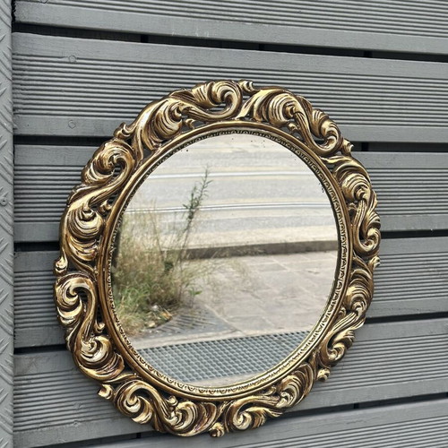 Vintage round wall mirror Baroque gold tone used