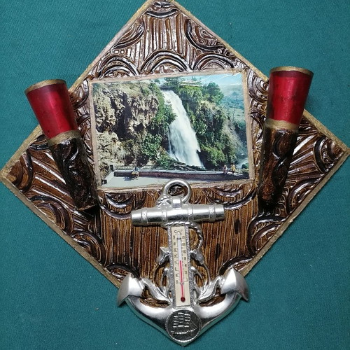 Vintage souvenir from Edessa used, wooden embossed frame with thermometer