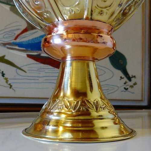Antique copper amphora like new, handcrafted with relief ornaments