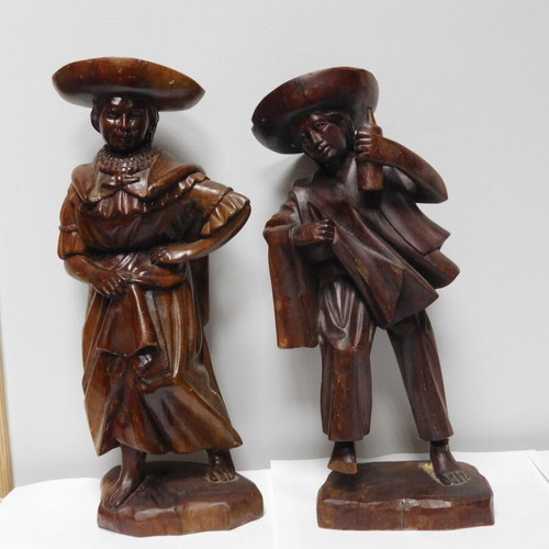 Handmade wooden Mexican folk art statues, pair of 2, damaged