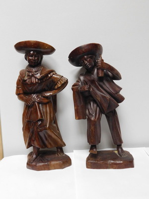 Handmade wooden Mexican folk art statues, pair of 2, damaged