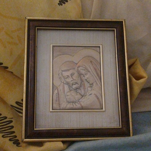 Italian bas-relief Holy Family silver artwork in wooden frame like new