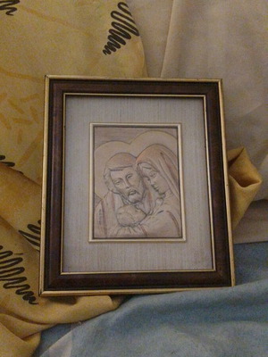 Italian bas-relief Holy Family silver artwork in wooden frame like new