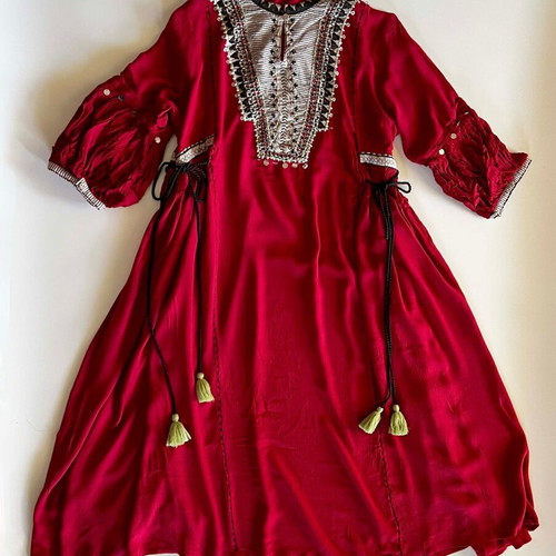 W Indian brand dress, red with decorative embroidery and tassels, size M
