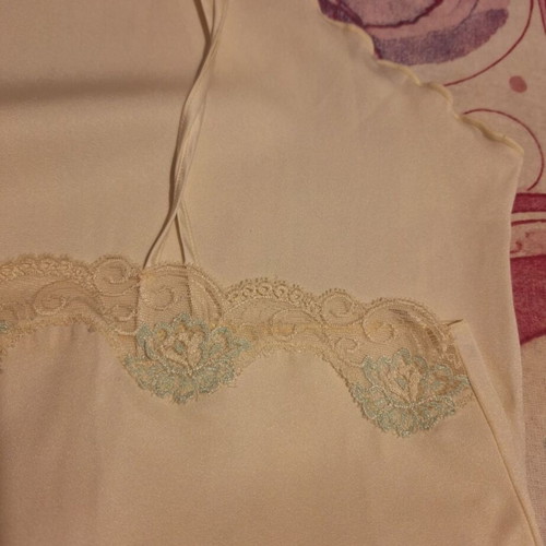Retro baby doll with delicate lace and embroidered floral details, cream satin, size L, like new