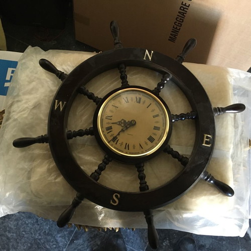 Wooden nautical ship wheel wall clock used with compass
