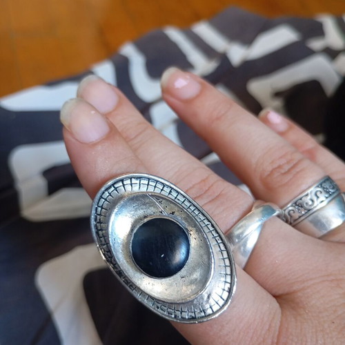 Boho ethnic large adjustable ring with black onyx cabochon