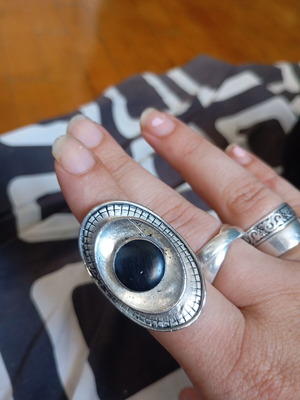 Boho ethnic large adjustable ring with black onyx cabochon