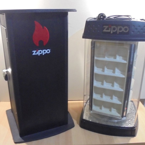 Zippo lighter display stand used, illuminated and rotating with storage base for 60 lighters