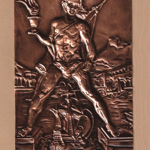 Traditional embossed chalcography with the Colossus of Rhodes 8.5x12 cm like new