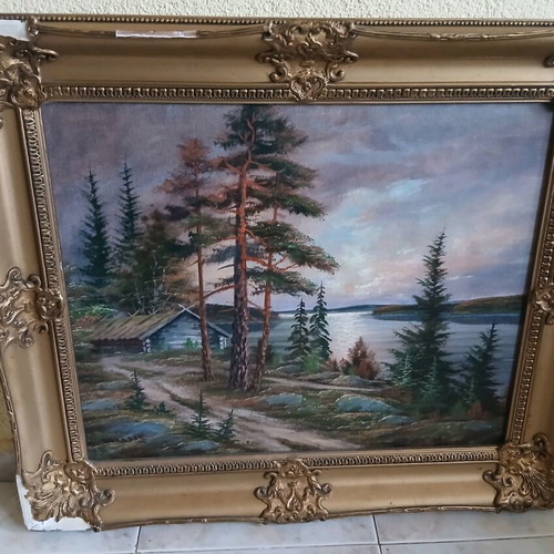 Oil painting on canvas used, landscape with lake and cabin in baroque frame