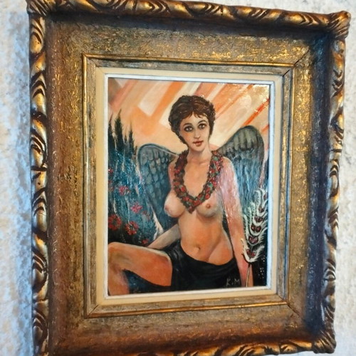 Authentic Painting "Angel", dimensions including frame 47 x 40 cm
