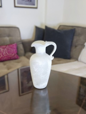 Glass frosted white pitcher with amphora design, like new