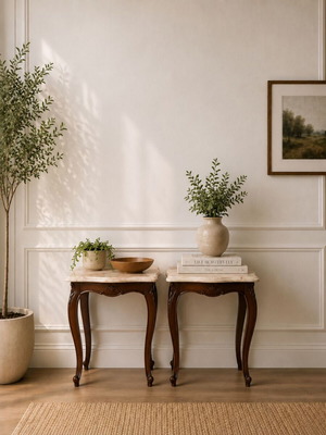 Louis XV Handmade Tables like new, solid wood and onyx, set of two