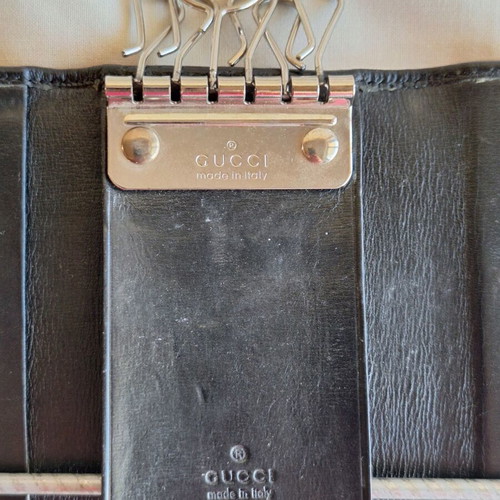 Gucci Vintage Black Leather Key Case Holder with 6 Hooks, Logo GG