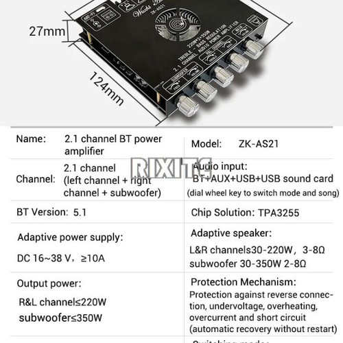 Audio Module Amplifier 2+1 Channels 2x220W + 350W Subwoofer Bluetooth USB TPA3255 Chip