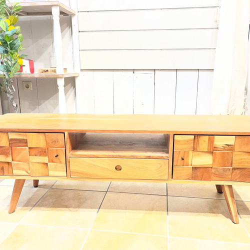 Wooden TV stand like new with vintage boho design