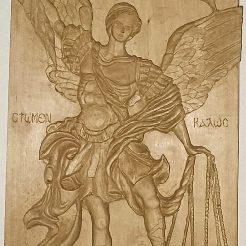 Archangel Michael wood carving, handmade from flame tree wood