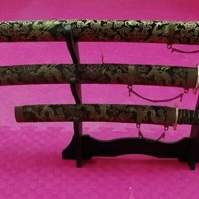 Set of 3 Japanese decorative swords with wall display stand
