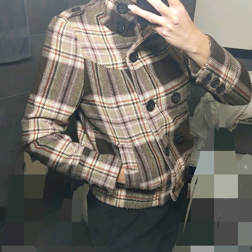 Checked brown coat like new, size large