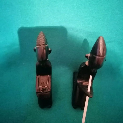 Ebony woodcarving set used, two African figures playing musical instruments