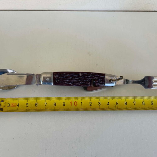 Vintage camping pocket knife with cutlery 22cm used