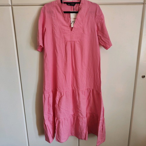 Zara Linen Midi Dress New with Tags, Pink Fuchsia, Size M