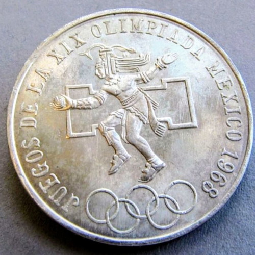 Mexico 25 Pesos 1968 silver coin used, Olympic Games edition