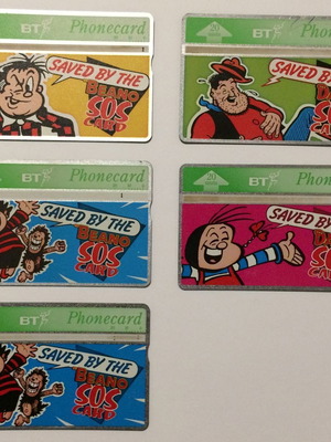 England phone cards 5 used Saved by the Beano / Dandy 1995