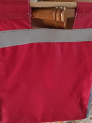 Plastic shopping bag with wooden handles red and gray like new