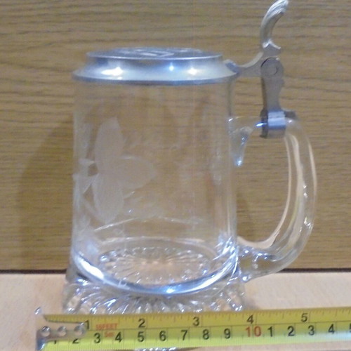 Fischer beer old rare promotional glass mug with metal lid used