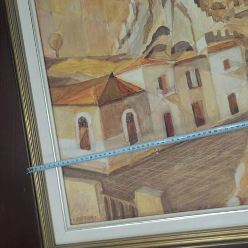 Painting by Y. G. Androulakis used, landscape with castle and settlement