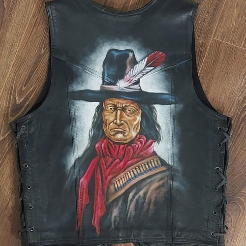 Leather vest new large black hand-painted