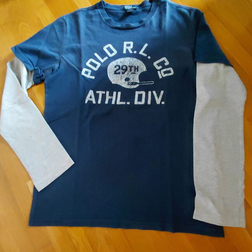 Polo T Shirt blue with grey sleeves like new, youth