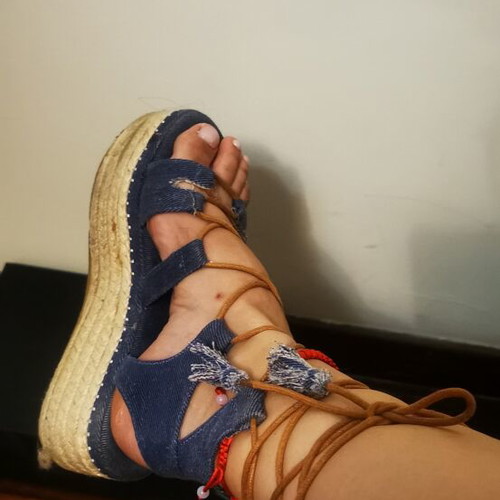 Denim platform sandals used, 5 cm heel height, blue