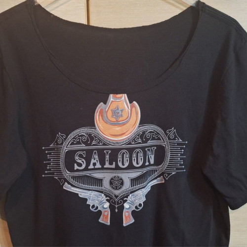 Western Saloon Cowboy T Shirt scoop wide neck size L new elastic