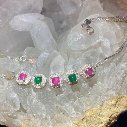 Handmade silver bracelet with natural emerald, ruby and moissanite, new