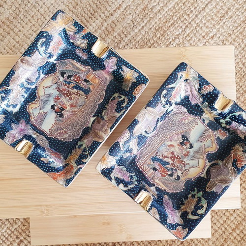 Authentic Japanese Satsuma ashtrays used, hand-painted