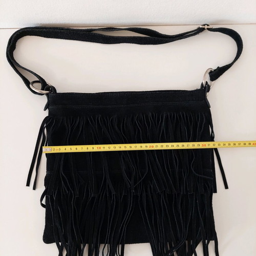 Genuine Leather crossbody bag used with fringes, black suede