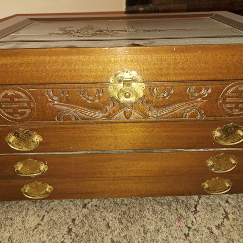 Carved antique box 40 years old like new, filled with silver cutlery