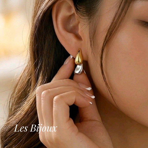 Steel Earrings "Tear" Two-Tone Gold & Silver New
