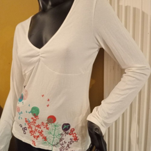 Women's Secret long-sleeve sleepwear top, white with colorful design, size UK 10 EUR 38