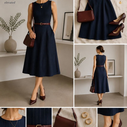 Classic dark blue linen dress with stripes FIDÈLE