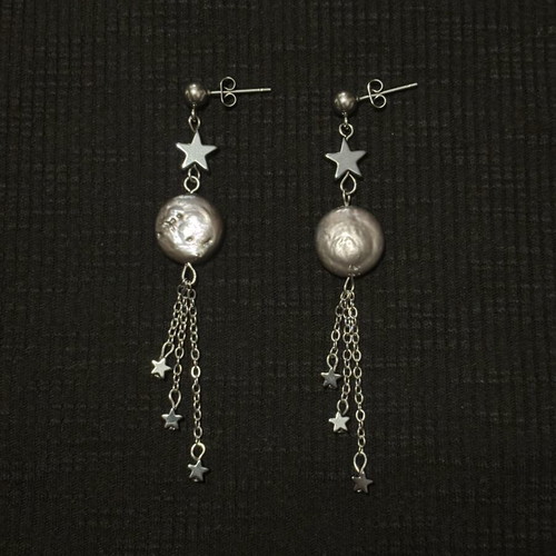 Moon and Stars Earrings with Natural Freshwater Pearls and Hematite Stars