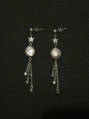 Moon and Stars Earrings with Natural Freshwater Pearls and Hematite Stars