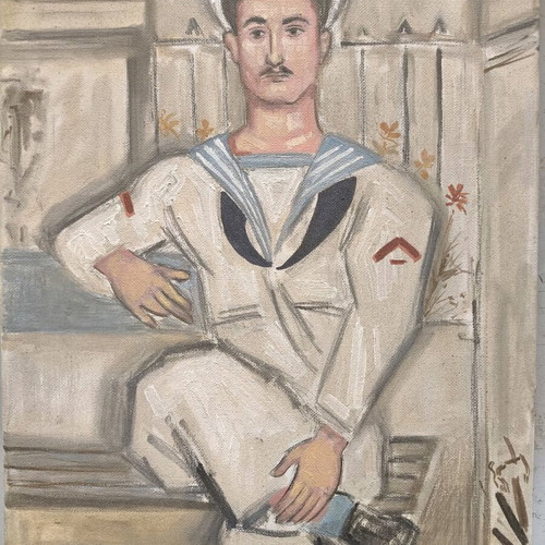 Sailor on Bench painting like new, mixed media